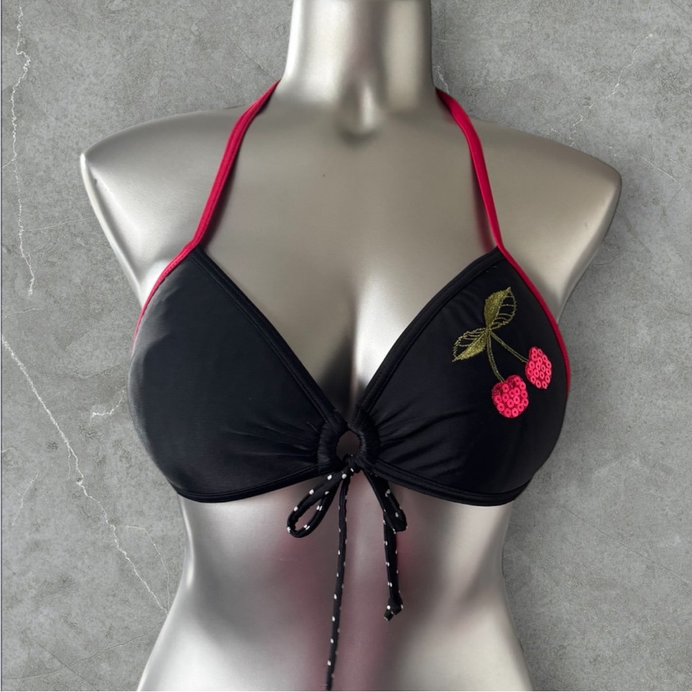 2 for $30 ✅ Black & Pink Cherry Halter Bikini Top with Embroidery